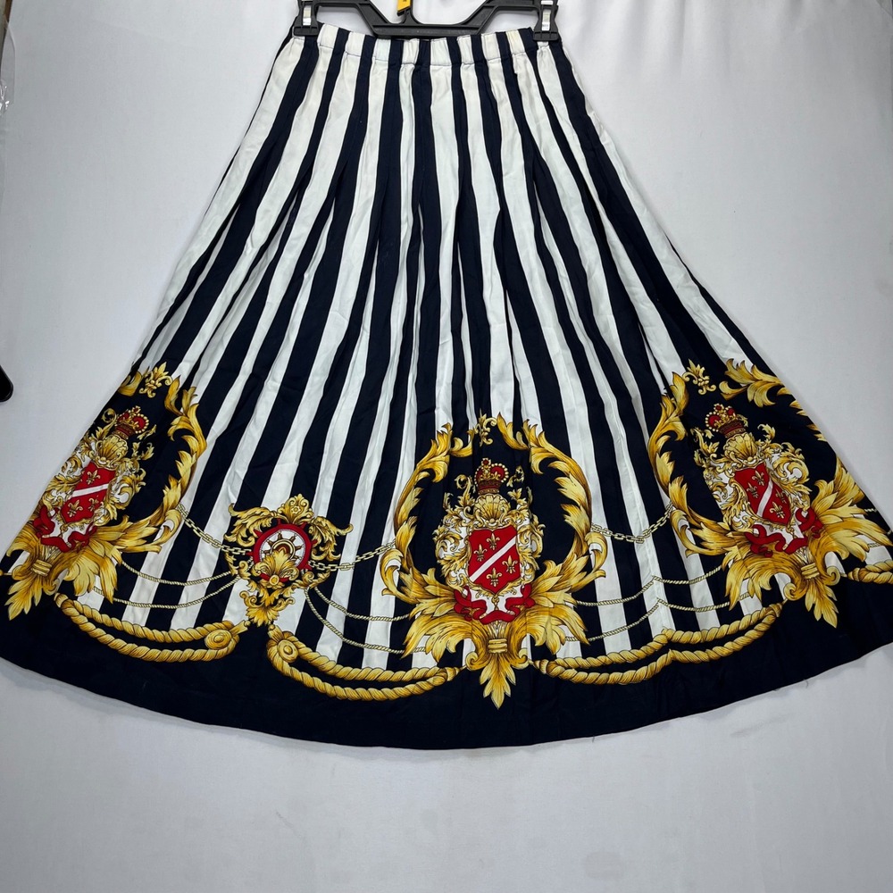 Talbots Skirt Petites Small Navy White Stripe Rayon Crest Pleated Midi Vintage - Picture 1 of 11